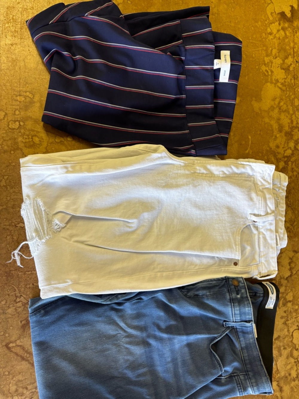 Three-Pair Pants Bundle - Navy Striped, White Distressed, Blue Denim Old Navy